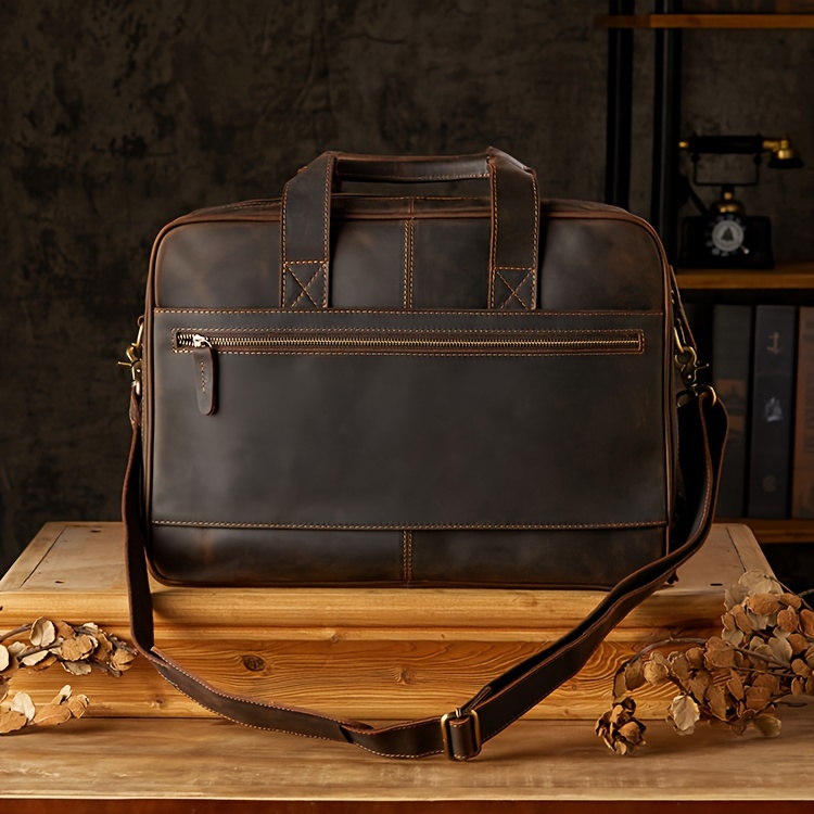 Crazy Horse Genuine Leather Scratch Repairable Men's Handbag, Handmade Vintage Crazy Horse Genuine Leather Tote Bag, Large Capacity Laptop Bag, Men's Single-Shoulder Crossbody Bag, Genuine Leather Business Briefcase