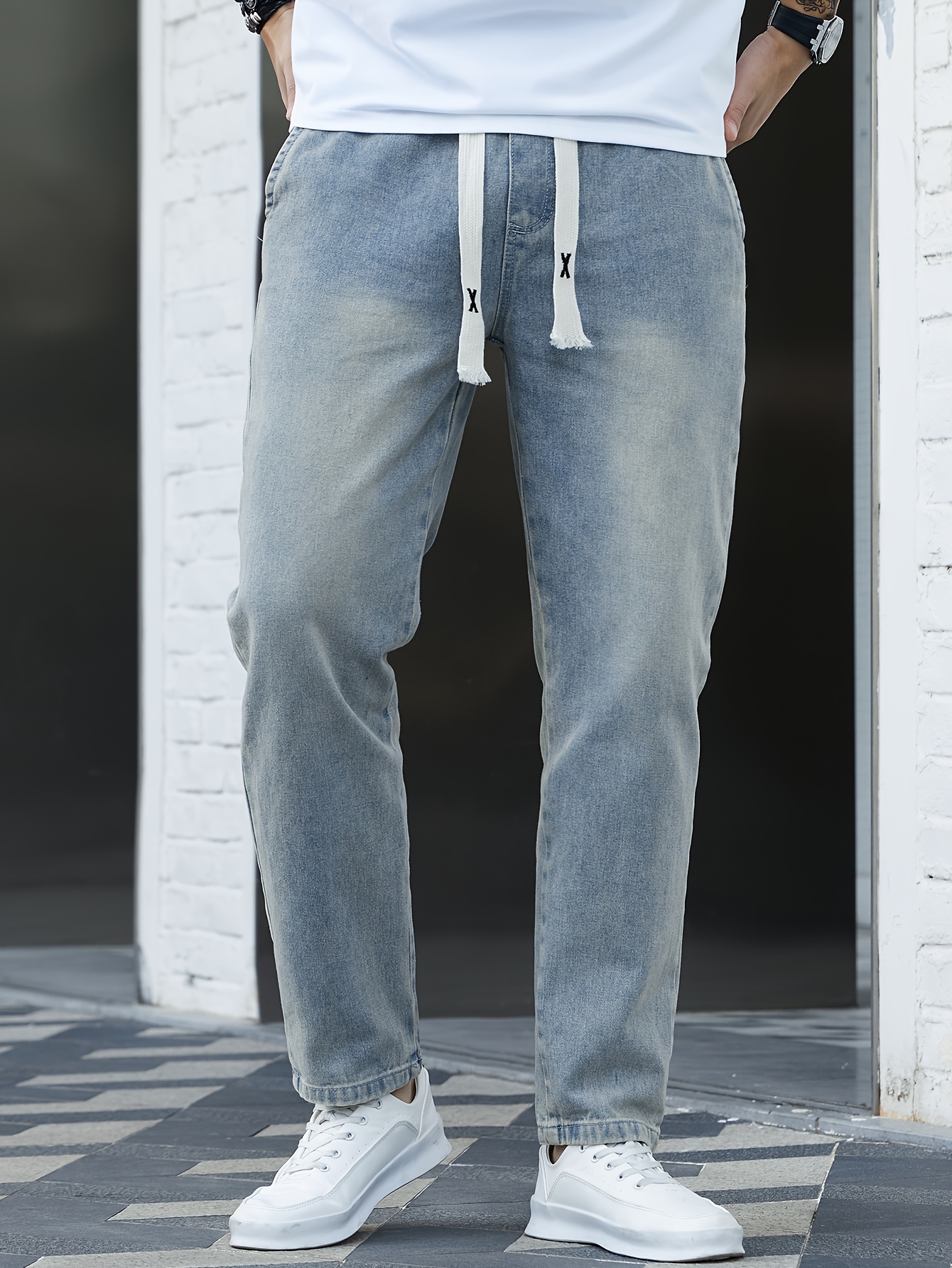 Men's Washed Denim Pants, Spring/Autumn Fashion Brand Loose Straight-Leg Elastic Waist Drawstring Versatile Japanese Style Casual Cropped Pants, Geng Yuanshi