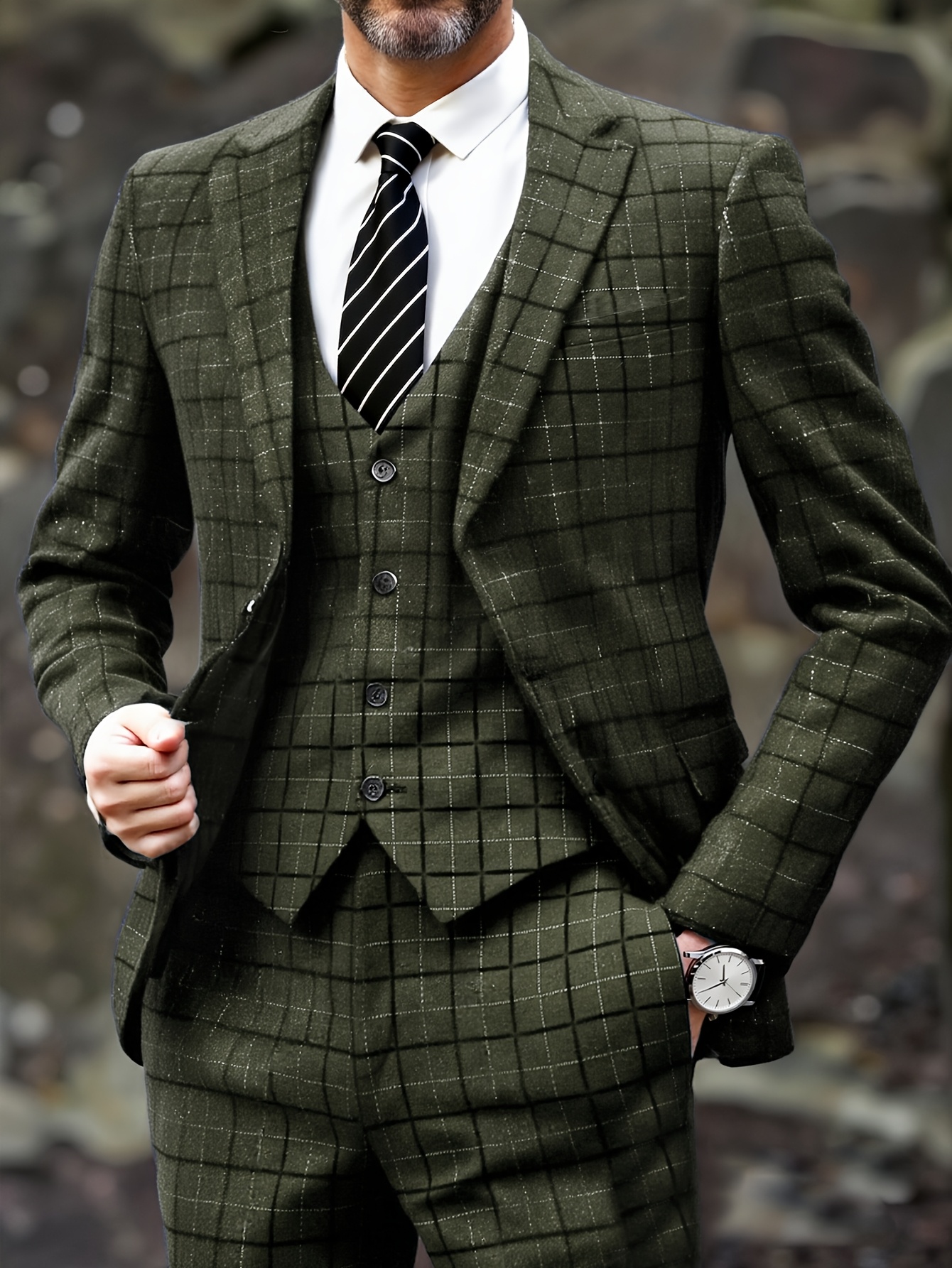 men s stylish heavyweight checkered suit three-piece set for weddings, casual attire, banquets, parties, and holiday gifts 0