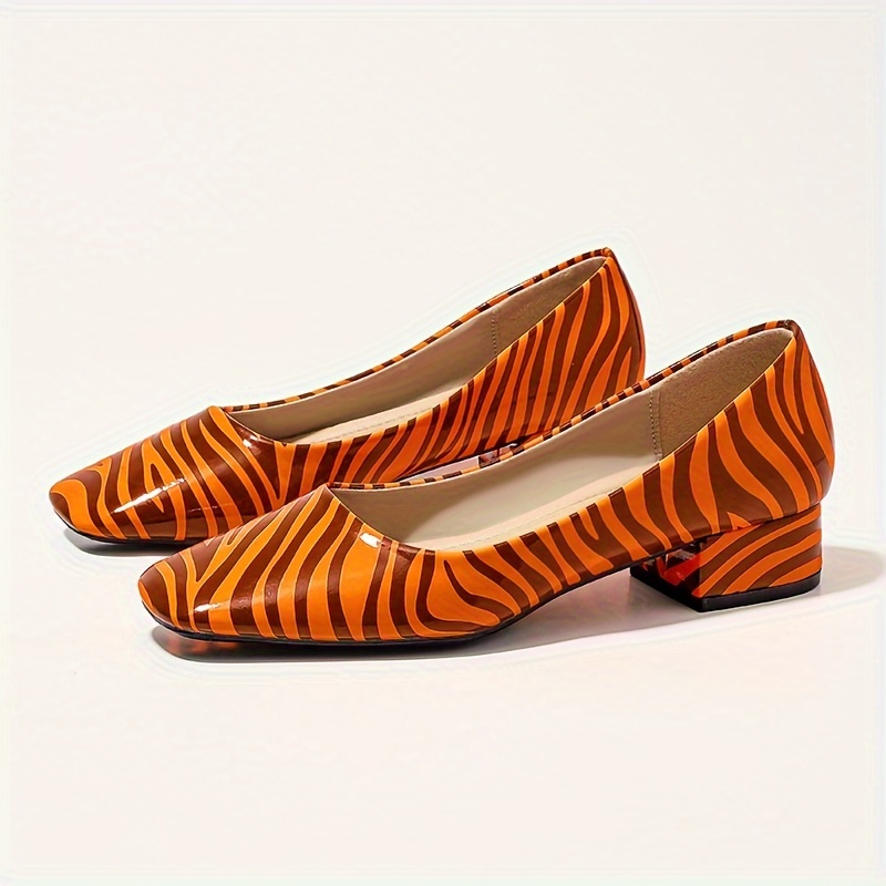 

Women's Zebra Print Pumps, Square Toe Comfy Chunky Heel Shoes, Women's Versatile Slip On Shoes