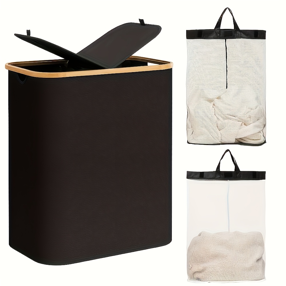 TEMU Laundry Basket 2 Compartments 150l, Large Washing Baskets For Laundry With 2pcs Removable Inner Bags, Large Bamboo Laundry Hamper With Lid And