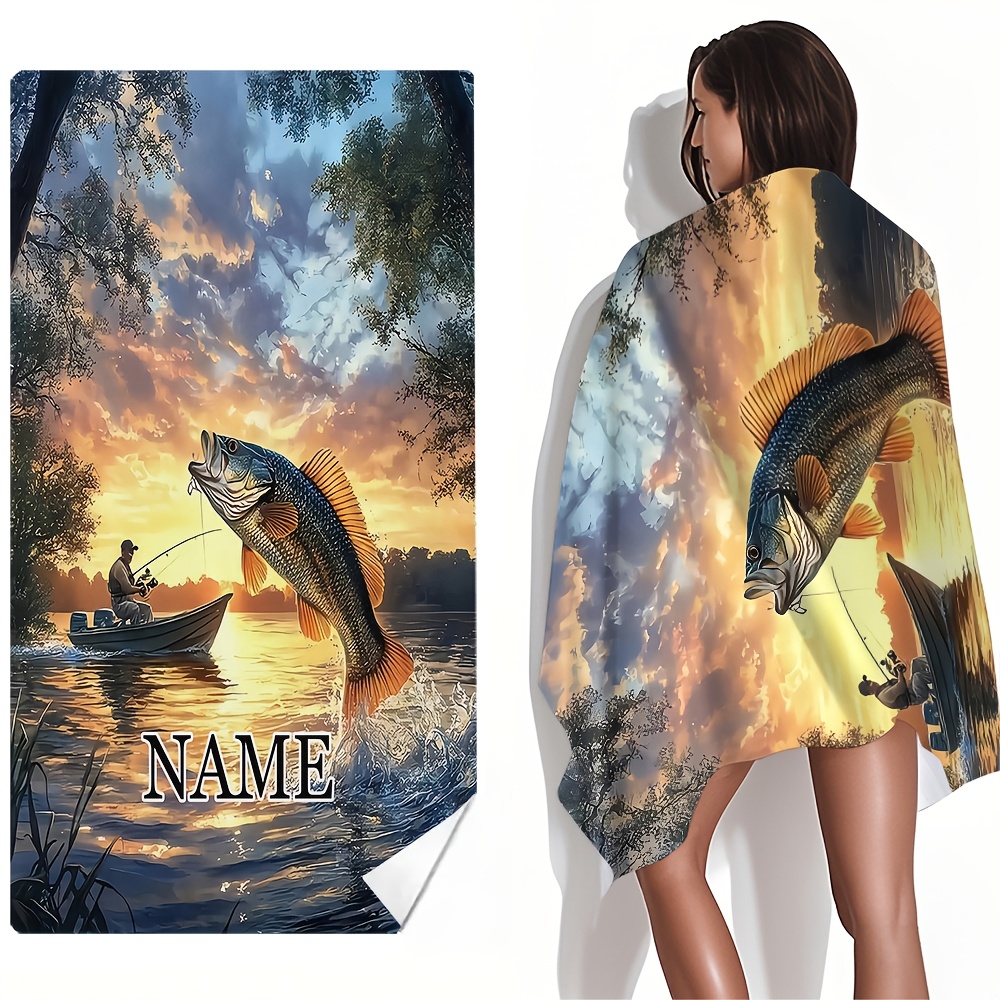 TEMU Personalized Custom Sunset Lake Fishing Theme Printed Beach Towel, Highly Absorbent Microfiber, Large Windproof Blanket, Large Pool Bath Towel,