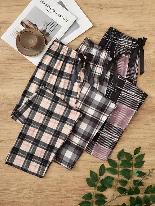 womens three piece set with bow belt and plaid print features comfortable fabric and a loose fit for with exquisite plaid patterns elastic waist pants offer a cozy and relaxed and ensemble