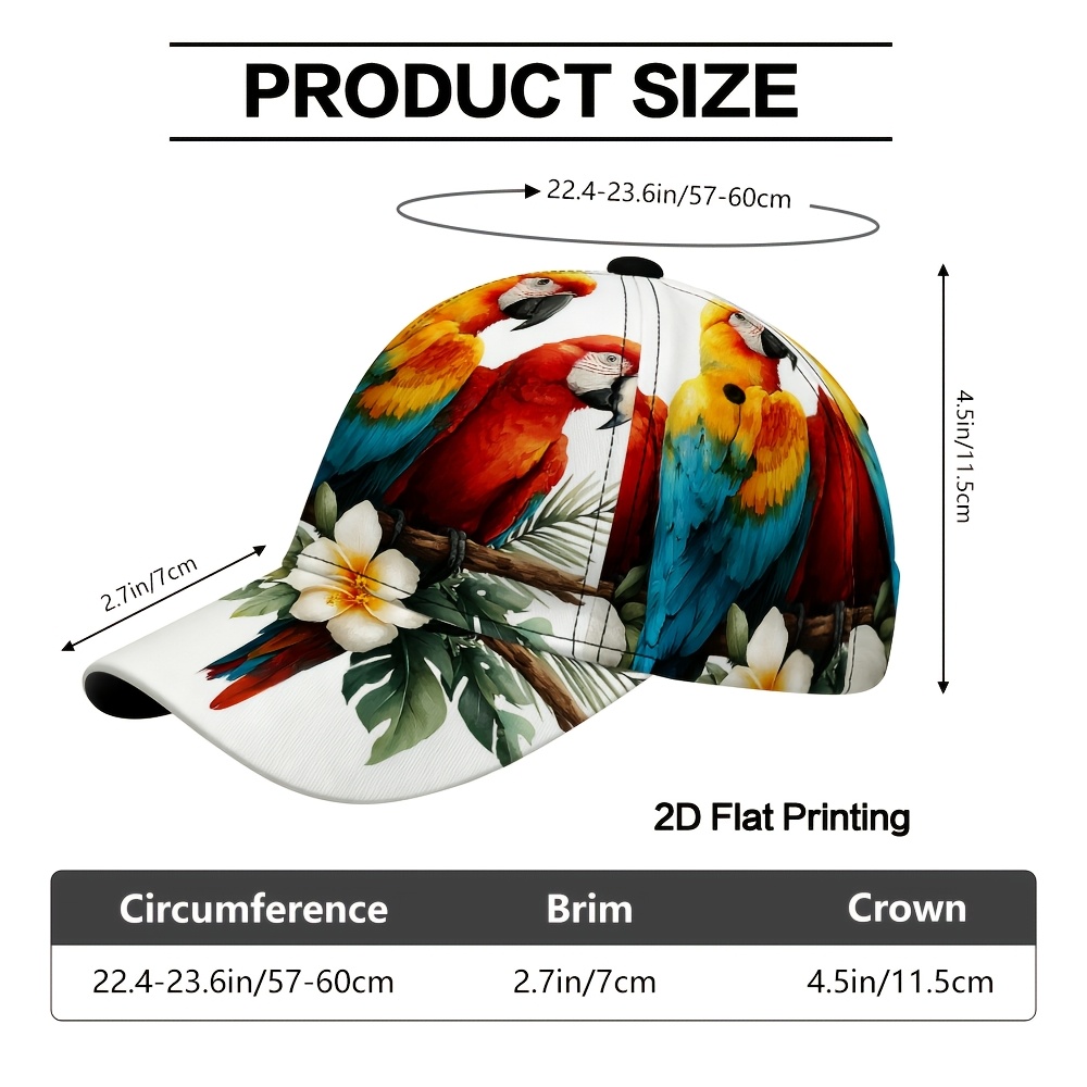 TEMU 1pc 2d Flat Printing Colorful Parrots On Branch Hip-hop Baseball Cap, Adjustable,, Breathable Casual Hat, Fashion Accessory For Travel, Beach
