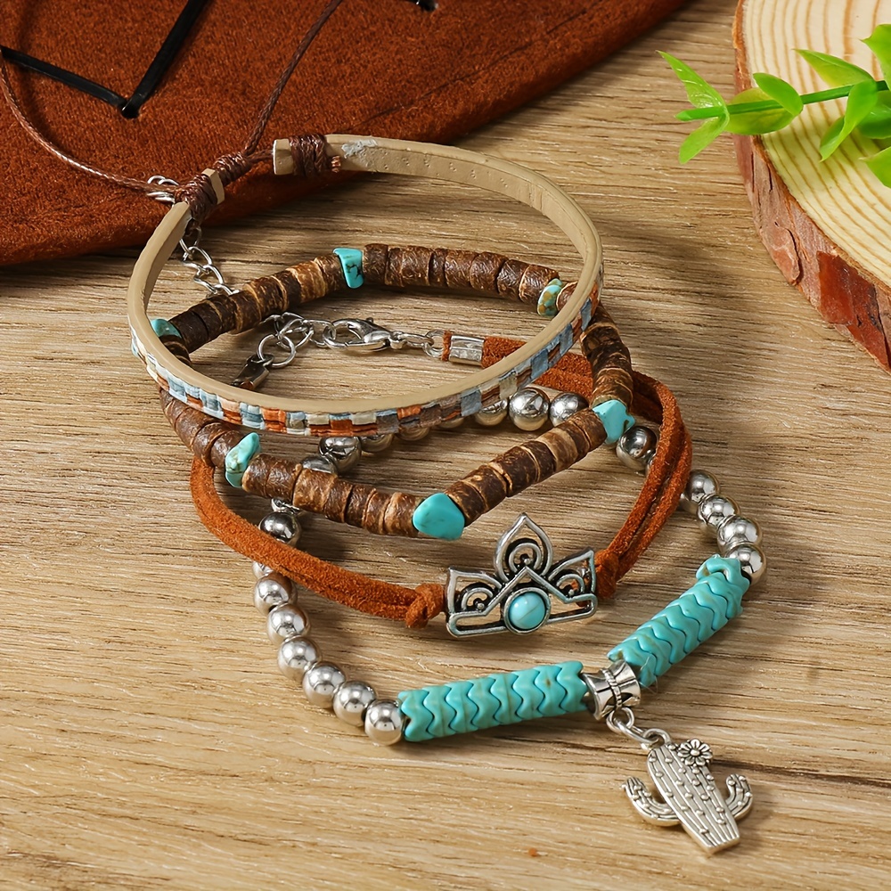 Boho Cactus Turquoise Wooden Bracelet Set Jewelry
