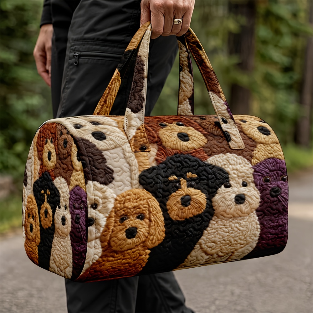 1 ud. Bolso Duffel Acolchado Adorable de Cachorros de Múltiples Razas, Bolso de Viaje Cilíndrico de Gran Capacidad con Asas, Diseño de Perro Esponjoso Blanco Marrón Negro, Estilo Semanal de Noche Cálido y Lindo para Amantes de los Perros, Mujeres, Regalo de Halloween, Acción de Gracias, Navidad