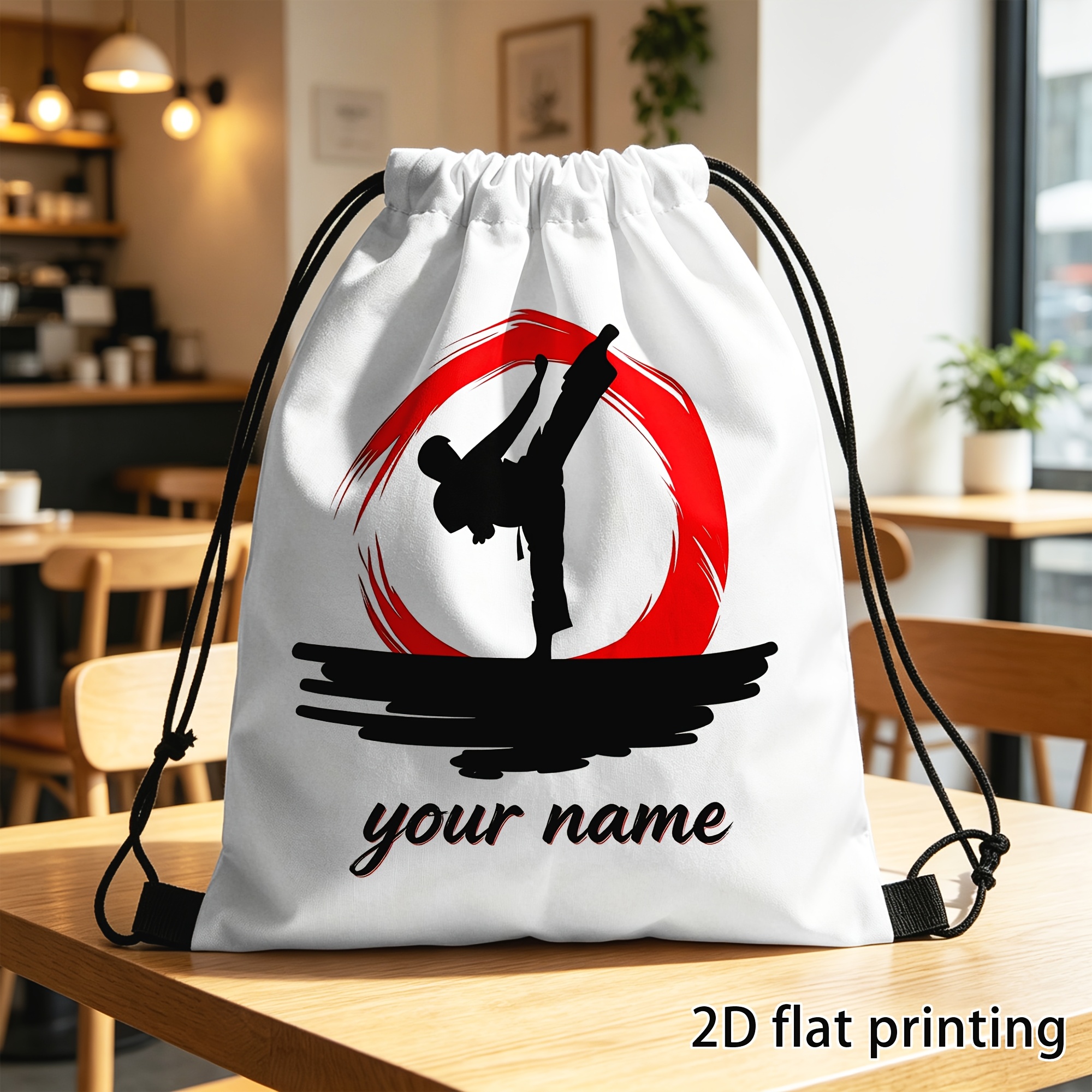 TEMU [customization] 1pc Custom Drawstring Backpack, Custom Name Drawstring Bag, Martial Arts Karate Kick Silhouette Red Brush Round Print,