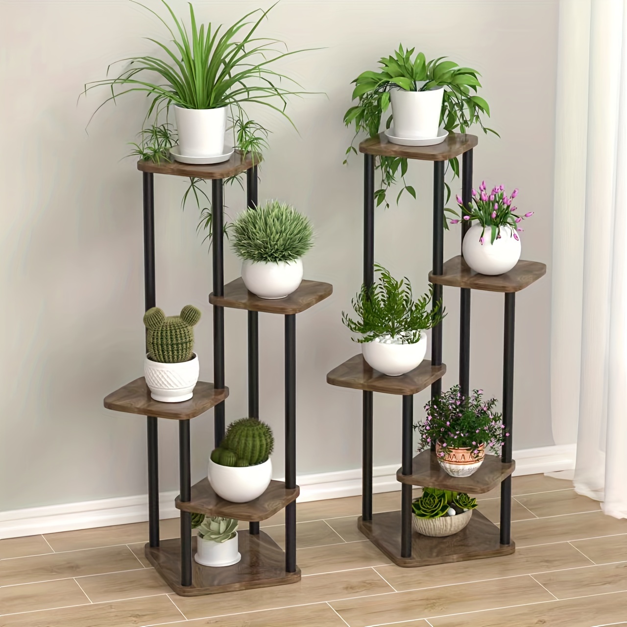 

Modern Wood Plant Stand With Brushed Finish, Multi-tier Hanging Planter Shelf, Versatile Indoor & Outdoor Display With Durable Laminate - Stylish Alternating Design, Space-saving Accessory