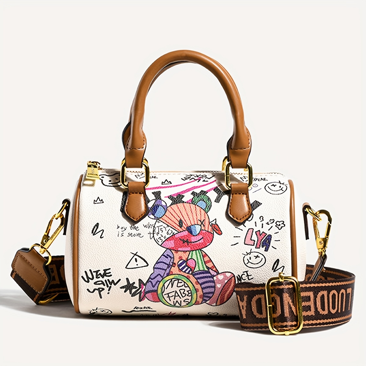 

Chic Bear Doodle Crossbody Bag For Women - Elegant White Pu With Adjustable Embroidered Strap, Zip Closure