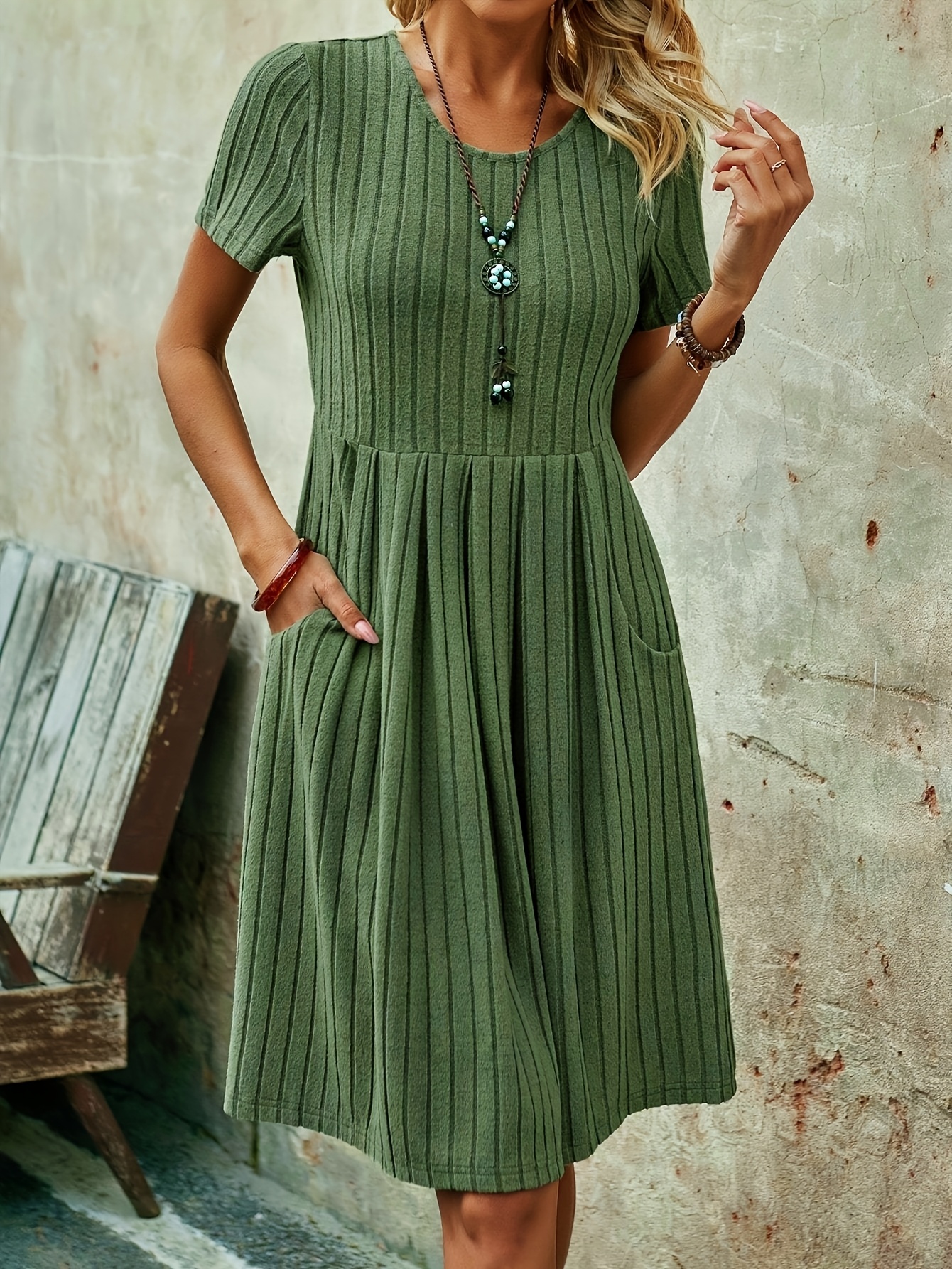 5325 womens round neck short sleeve army green midi dress - Temu Hungary