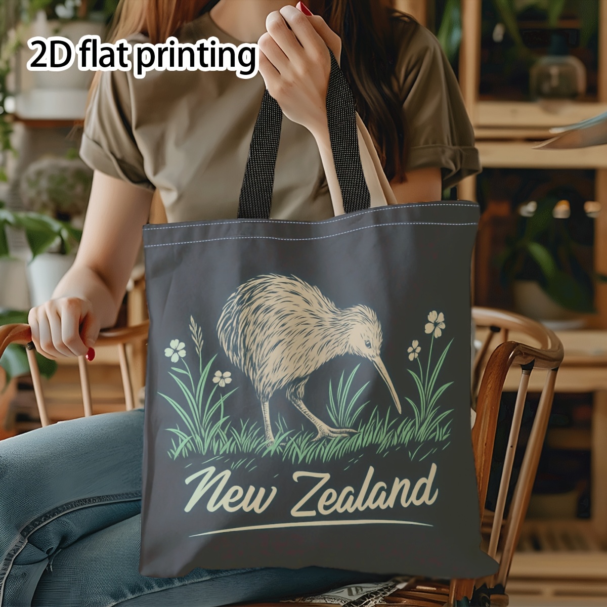 TEMU 1pc Kiwi Bird, New Zealand, Floral Design Tote Bag, Soft Shoulder Bag, Ideal Gift Choice, Lightweight Handbag