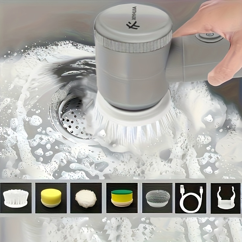 electric rotary scrubber rechargeable multi purpose brush with 5 replaceable brush heads for tiles car glass abs plastic handle portable usb rechargeable 500mah lithium battery kitchen cleaning tools bathroom cleaning supplies Product details 5