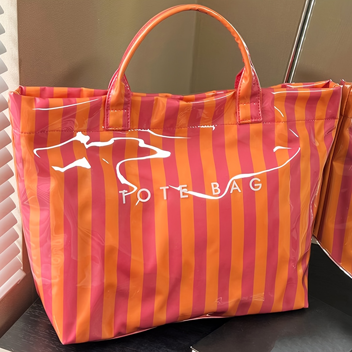 TEMU New Large Capacity Women's Handbag, Striped Pattern Tote Bag, Lightweight Daily Handbag Work Bag, Shopping Outing Phone Bag Wallet, Item Storage