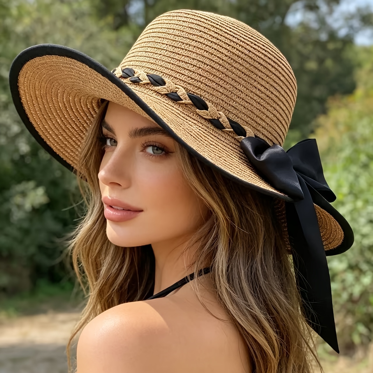 TEMU 1pc Women's Sun Hat, Elegant Style With Black Bow And Band Decoration, Foldable, Lightweight And Breathable, Suitable For Summer Beach Vacation