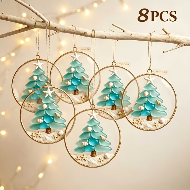 TEMU 8pcs Coastal Beach-themed Mini Starfish & White Sand Christmas Tree Ornaments - Acrylic Hanging Decorations Suitable For Home, Tabletop, Window