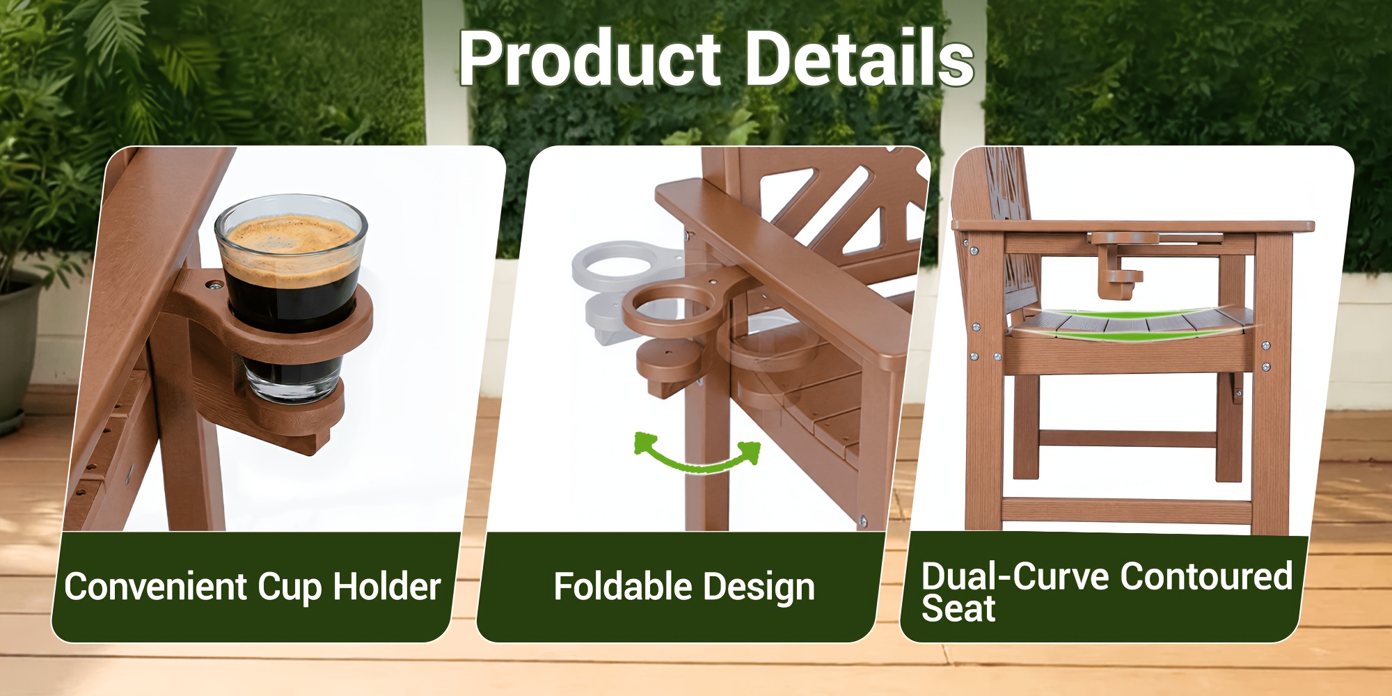 Outdoor Bench with Cup Holders, HDPE Weatherproof Garden Bench 2-Person, Fade/Rot Resistance Patio Benches for Porch And Park