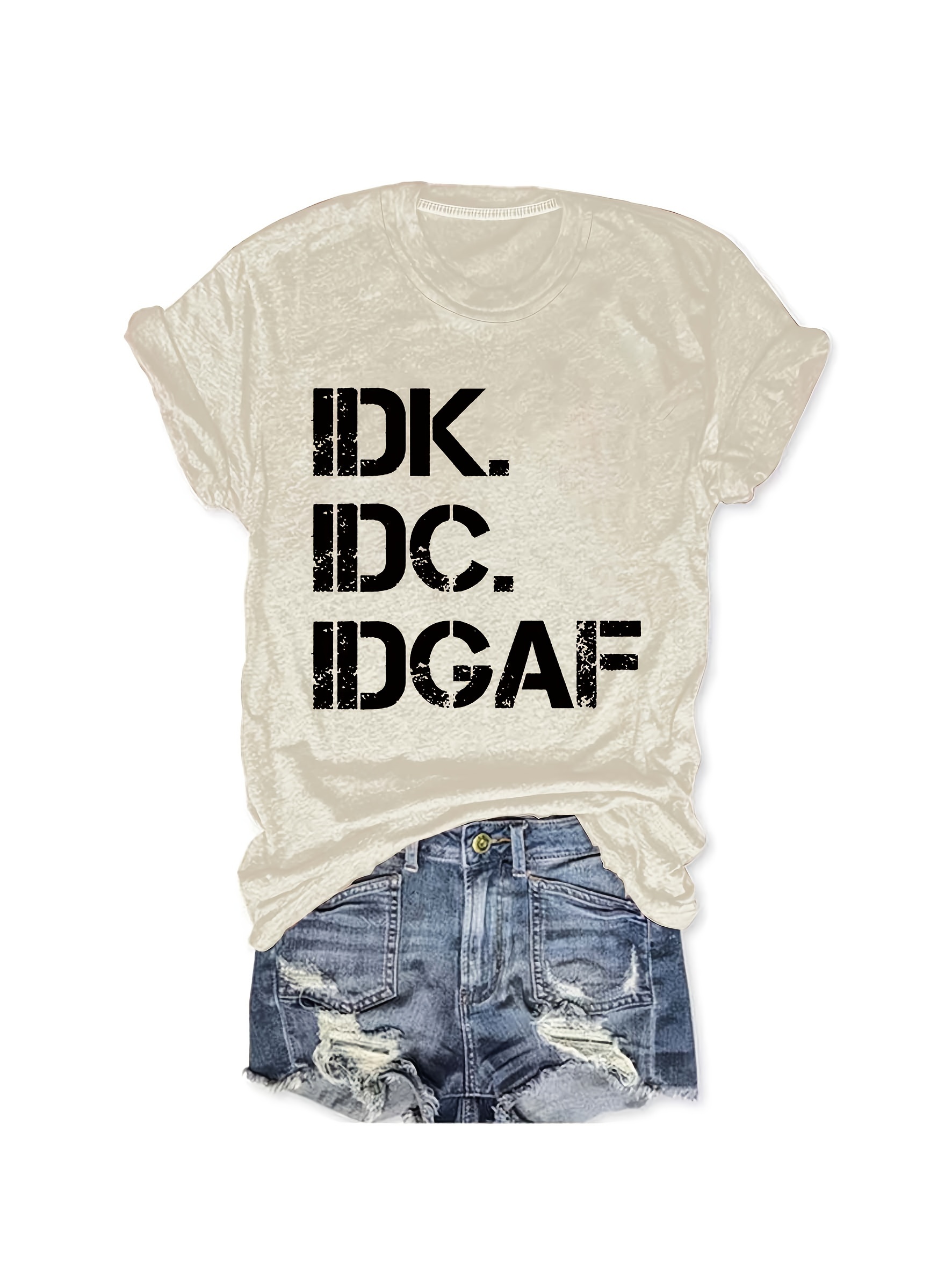 Women's Casual Short Sleeve T-Shirt with Bold Geometric IDK IDGAF Print - Relaxed Fit Round Neck Summer Top, Machine Washable Lightweight Tee for Casual Attire, Ladies T Shirts, Comfortable Casualwear, Fashion, Breathable Fabric