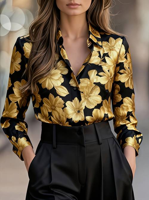 womens spring autumn elegant commuter satin floral print top