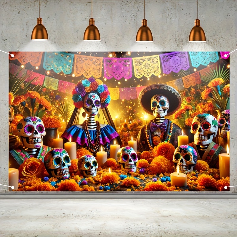 

Day Of The Dead Banner 1 Piece – 71x43 Inch Polyester Sugar Backdrop For , Dia De Los Muertos Party Decoration, Multi-use Festive Wall Hanging, Candle & Flower