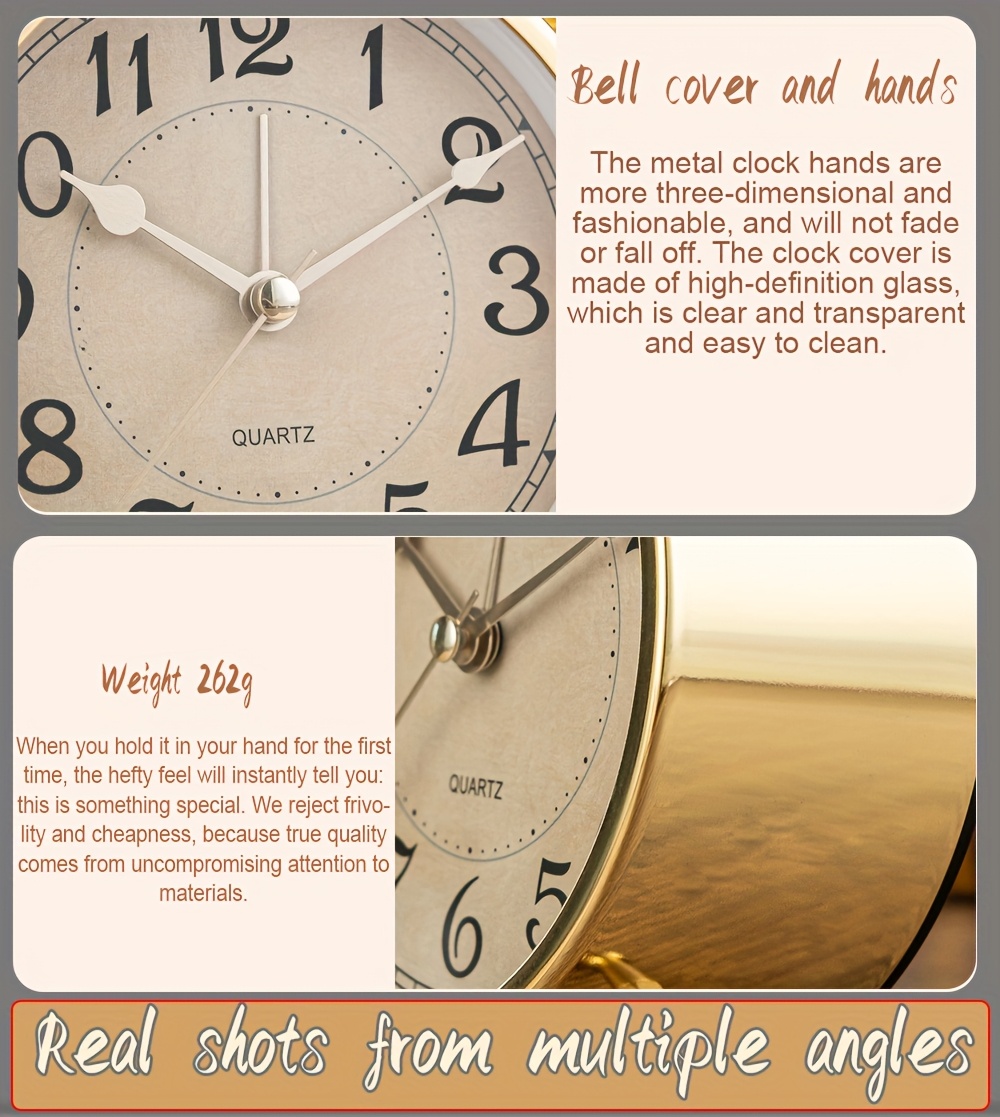 5.9-Inch Metal Retro Luxury Style Bedroom Alarm Clock, Silent Running Time, Mechanical Double Bell Design, Equipped with a Night Light, Can Be Placed in The Living Room, Office Or Dormitory to Add Some Color to The Space, (Batteries Not Included)