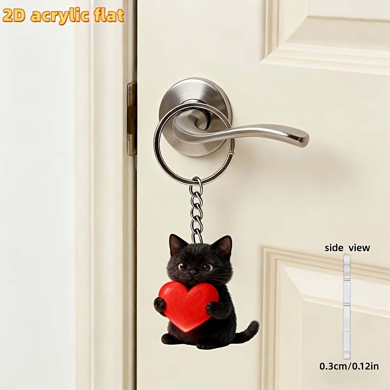 Image of 2d Flat, 1pc Cute Black Kitten Holding Red Heart Pattern Keychain, Interesting 2d Flat Acrylic Design Multifunctional Keychain, Key Ring Decoration, Suitable For Car Key Chain, Mobile Chain