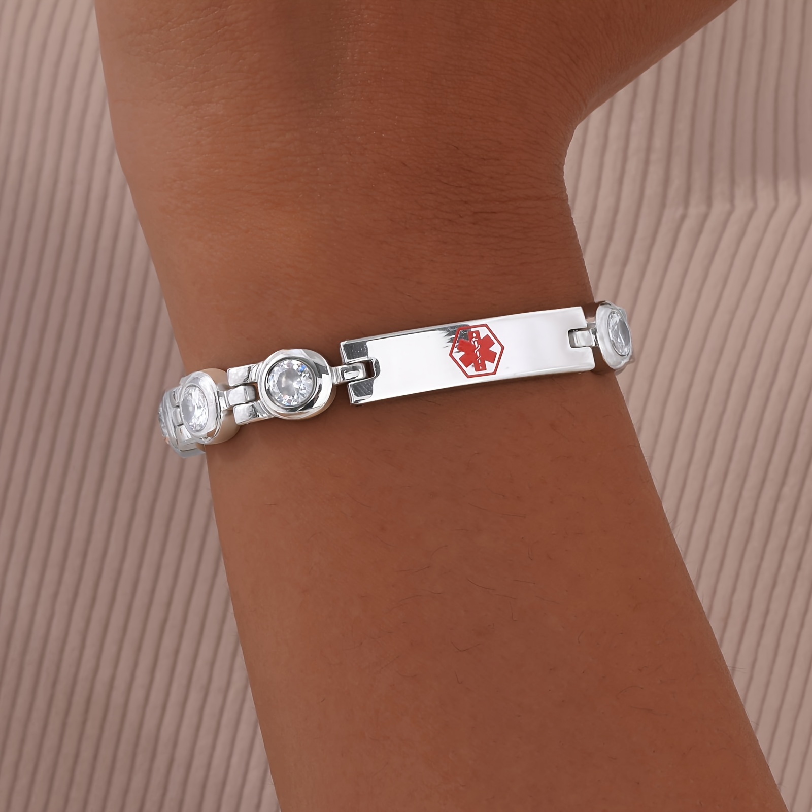 TEMU 1pc Custom Bracelet With Emergency Contact Elderly Anti-theft - 304 Stainless Emergency Tag Synthetic Cubic Zirconiaia Watch Band Bracelet In