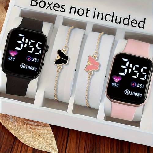 2pcs 4pcs womens set black silicone strap light up sport digital watch elegant love themed bracelet ideal for daily wear and as gift for new year christmas
