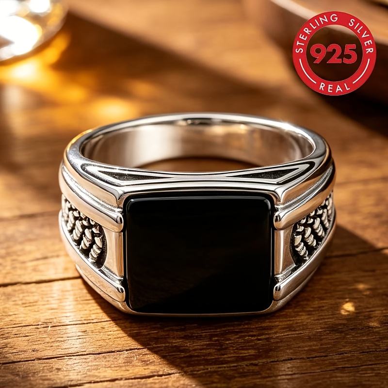 Image of 1pc S925 Silver Pm:g21 Natural Stone Inlaid Ring, Unisex Style, Luxurious And Easy, Fashionable And Elegant, Men's Gift, Women's Gift, Suitable For Daily Wear, Ideal For , Holiday Present