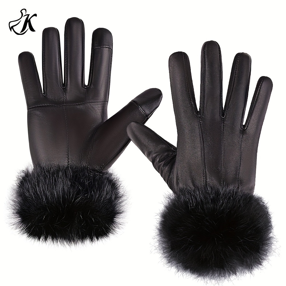 

Premium Sheep Leather Gloves With Hair For Women - Weddings, Dates, And Parties, Non-stretch, Solid Color