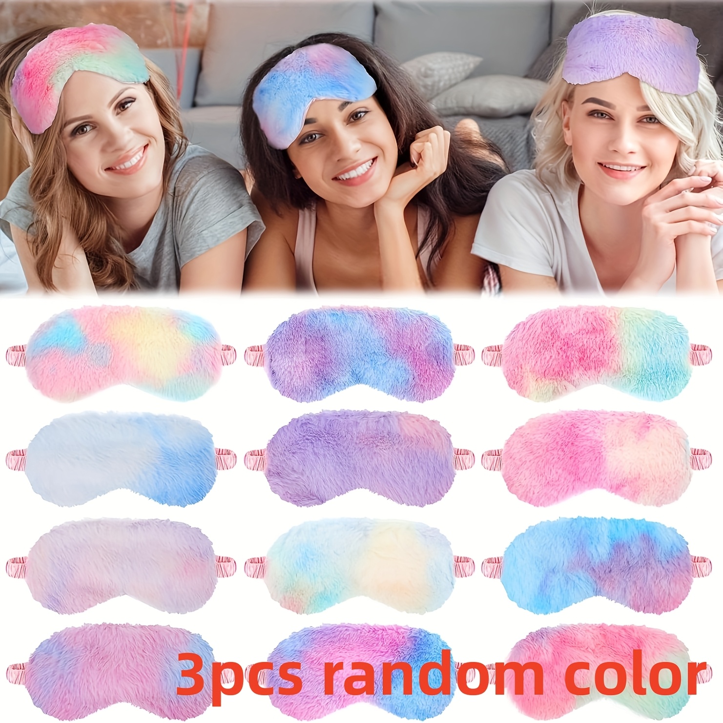TEMU 3pcs Random Sleep Mask - Adorable Fuzzy Eye Mask With Gradient Colors, Soft Faux Fur Eye Cover For Women And, Adjustable Elastic Strap, Sleep,