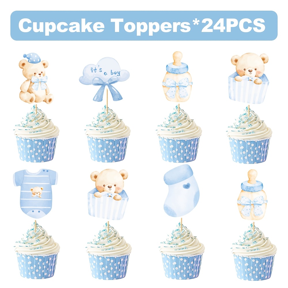 Image of 24/48pcs Cake Decoration, Baby Shower Party Decoration, A Boy, Blue Teddy Bear Theme, Cupcake Topper Decoration, Suitable For Baby Shower, Baby Welcome Party