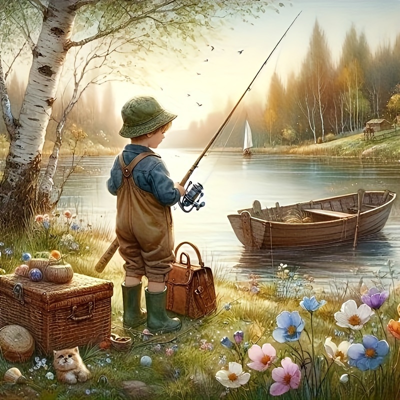 

Round Boy And Boat Scene Diamond Painting Kit, Diy Diamond Embroidery Art Craft Set For Home Decor With Premium Canvas