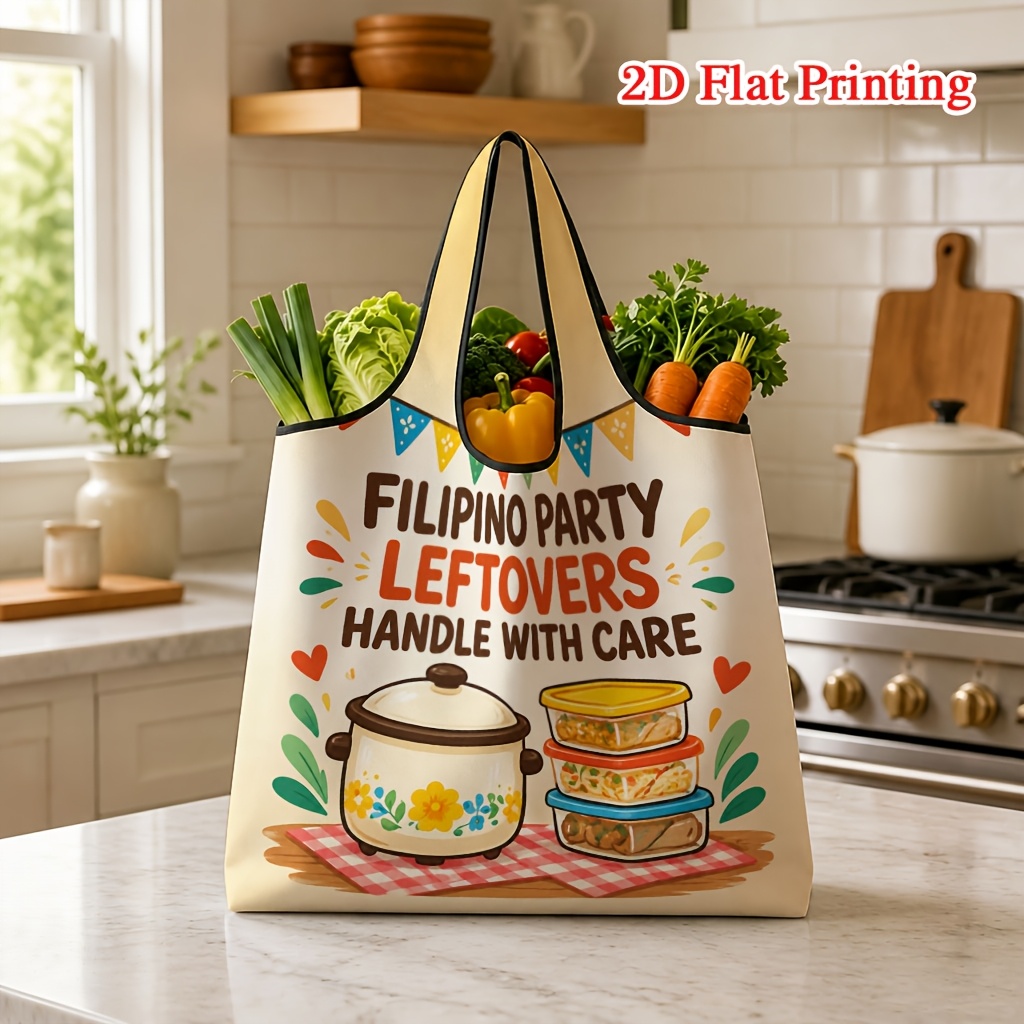 TEMU 1 pièce Sac de courses imprimé 2D sur le thème des restes de fête philippins, avec motif amusant de batterie de cuisine vintage, contenant de
