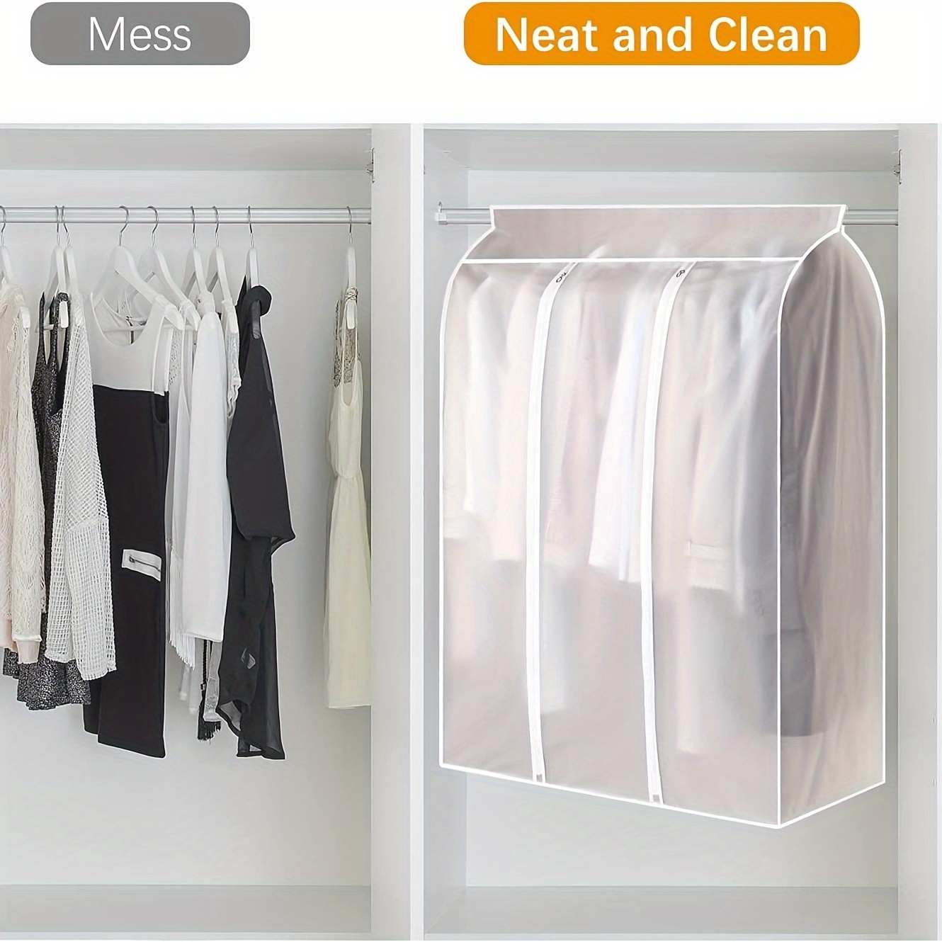 1pc large capacity translucent garment bag with zipper dustproof waterproof hanging clothes cover for suits jackets dresses space saving wardrobe organizer with sealed bottom clothes organizer storage details 1