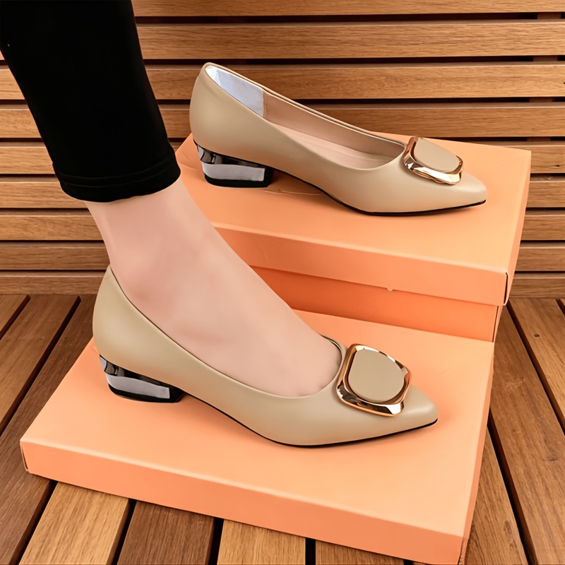 TEMU 2026 Spring Autumn Chunky Heel Pointed Toe Women's Shoes Black/apricot/beige/-match Metal Square Shallow Mouth Flat Single Shoes, Women Shoes