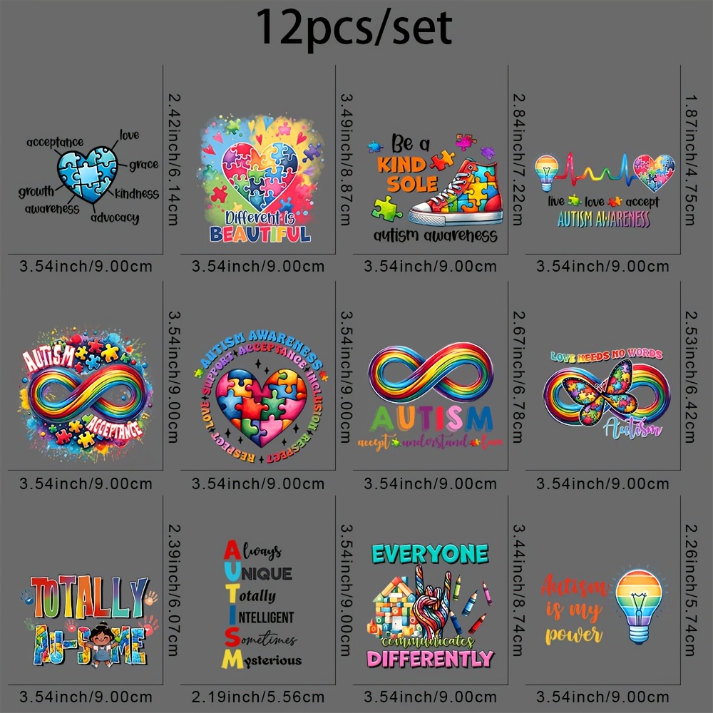 TEMU 12pcs/set Autism Diy Iron On Dtf Transfers Stickers Washable Heat Transfer Designs Decals Patch For T- Jeans Backpack