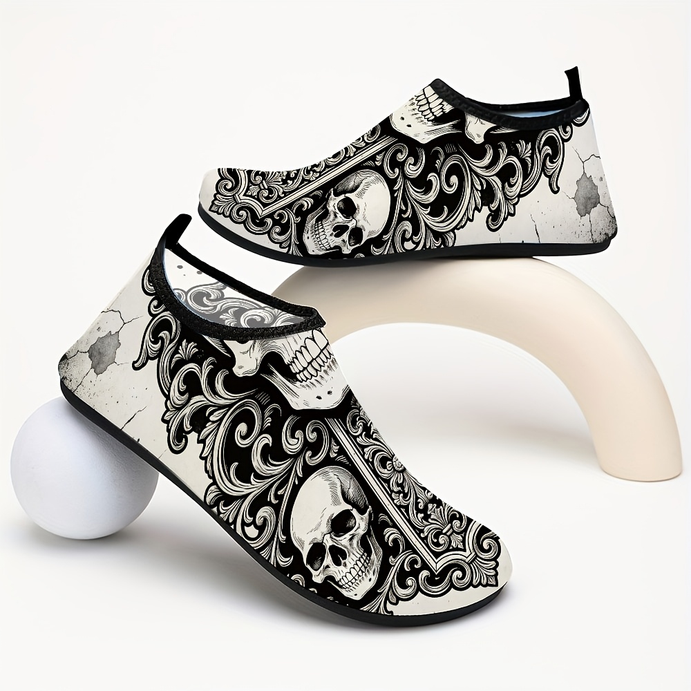 TEMU Une paire de chaussures décontractées à enfiler pour quotidienne, imprimées avec un crâne rétro et un motif de rouleau vintage et élégant