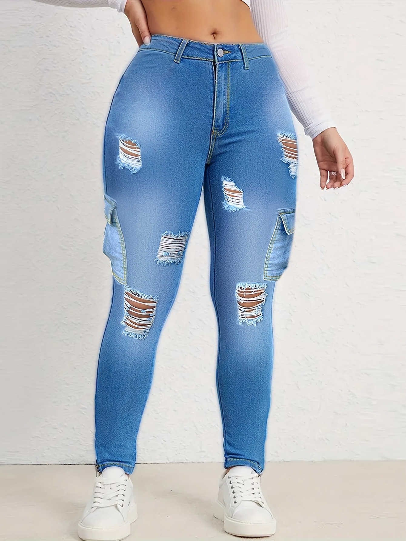 womens high waisted stretch skinny jeans side flap pockets Temu