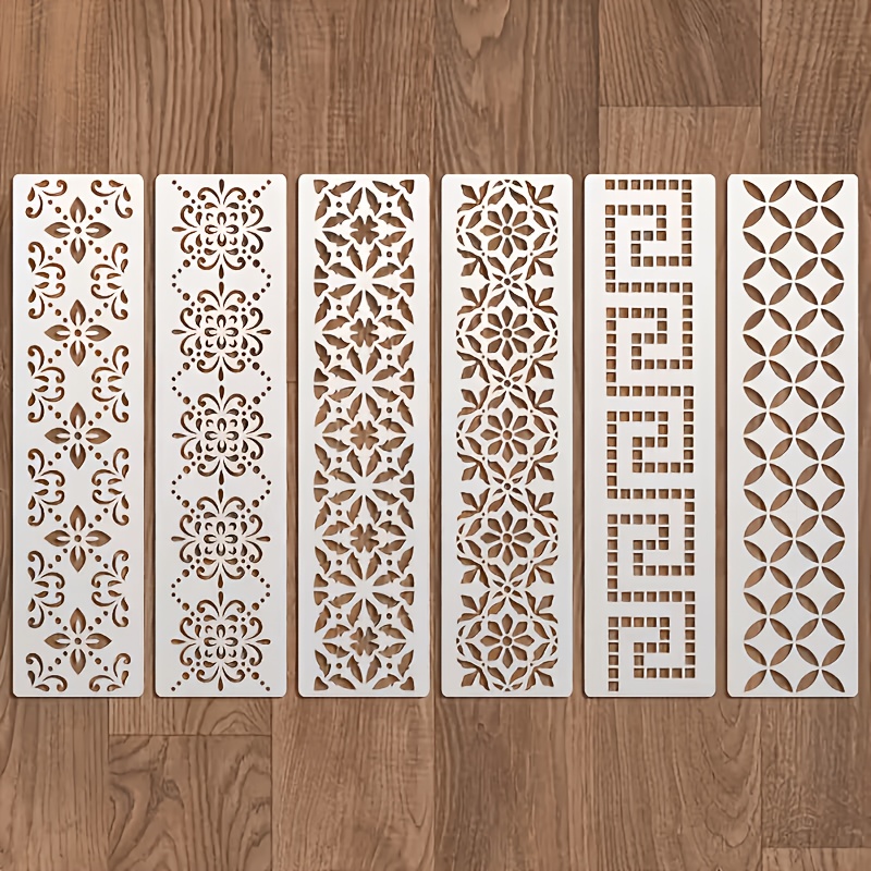 TEMU 6pcs Border Stencil Template 11.8x3 Inch Geometric Floral Edge Painting Stencil For Wall Floor Furniture Art Craft Decorative Pattern Border