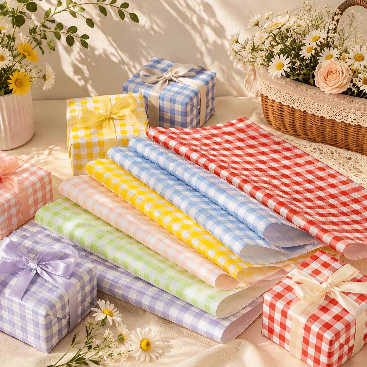 TEMU New Summer Checkered Wrapping Paper, Mixed Pack/milk Tea Purple, Cherry Red, Blue, Cherry Grass Yellow, Girly Pink, Lime Green, Fresh Flower