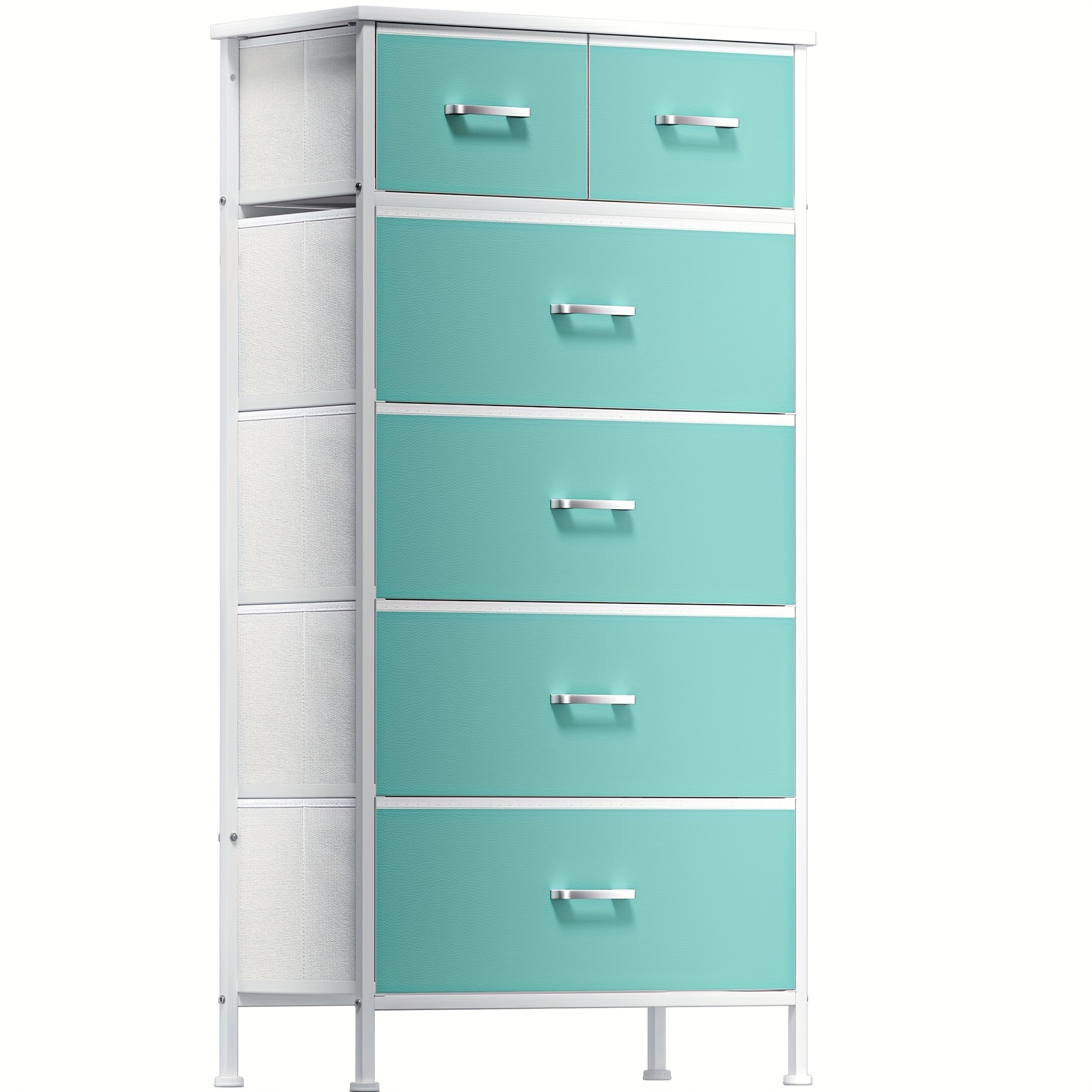 

Tall Dresser For Bedroom With 6 Drawers, Storage Tower Cyan Dresser For Closet, Living Room, Office, Chest Of Drawers With Metal Handle, Leather Front, Aqua Blue Glacier White