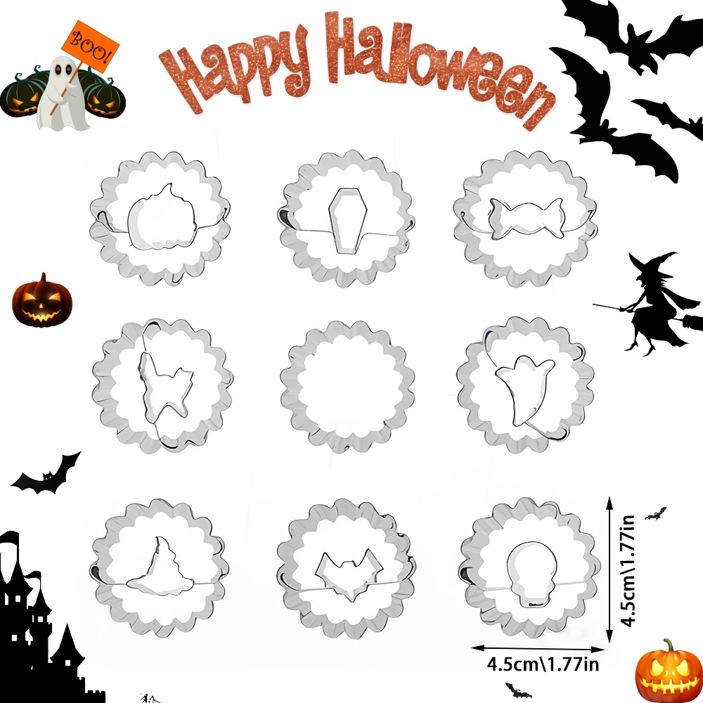 Halloween Cookie Cutters 9pcs Set Pumpkin, , Bat, Black Cat, Witch Hat, , Coffin, Candy Stainless Steel Cookie Cutters
