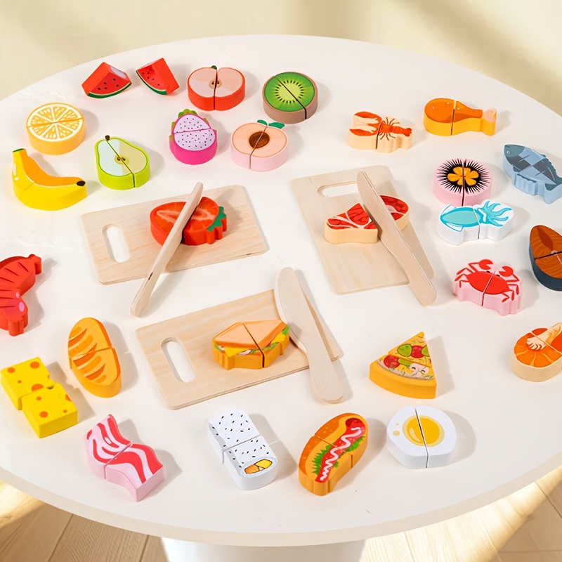Wooden Pretend Play Fruit and Seafood Cutting Set Kitchen Role Playing Toy