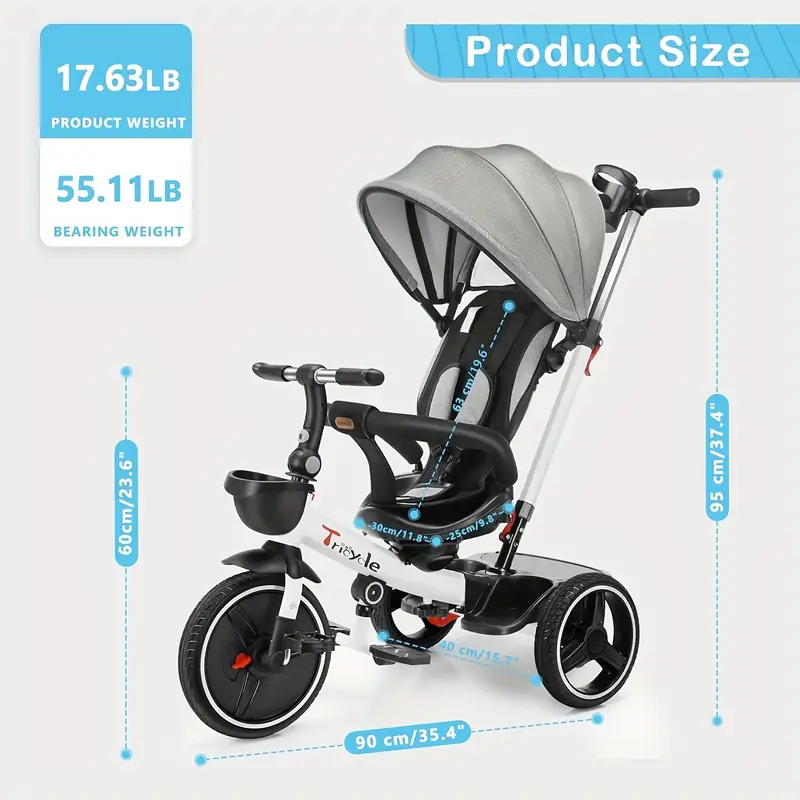 1pc baby tricycle 6 in 1 baby push bike steer stroller learning toddler bike detachable guardrail adjustable canopy safety harness folding pedal storage basket brake shock absorption details 1