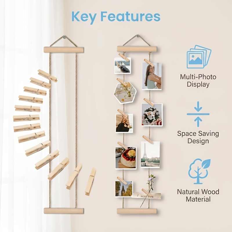 TEMU Gruccia per foto in legno con clip in legno, espositore multi-foto, salvaspazio, senza , per dormitorio, camera da letto, scrivania, decorazione