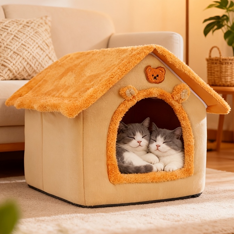TEMU Enclosed Plush Pet Bed, Removable Washable Warm Cat Bed, Indoor Pet Rest Play Hideout, Safe Haven, For Cats, Puppies, Rabbits, Hamsters, Guinea