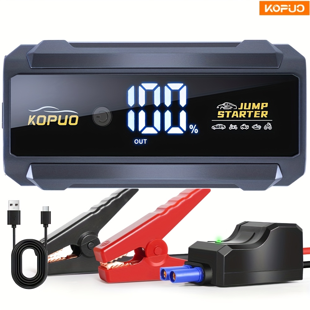 TEMU Kopuo 5000a Portable Jump Starter For Car 12v Battery Booster - Smart Jumper Cables With Display, Dual Usb Charging, Bright Led Light | Fits 8l