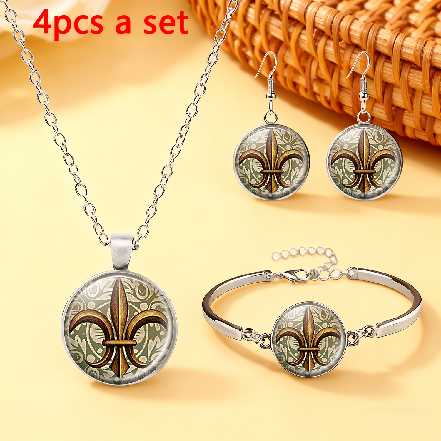 TEMU 4pcs Packaging (1pc Necklace, 1pc Bracelet, 1 Pair Earrings) Suitable For Women, Glass Inlaid Pattern White Jewelry Set, Retro Pattern Round