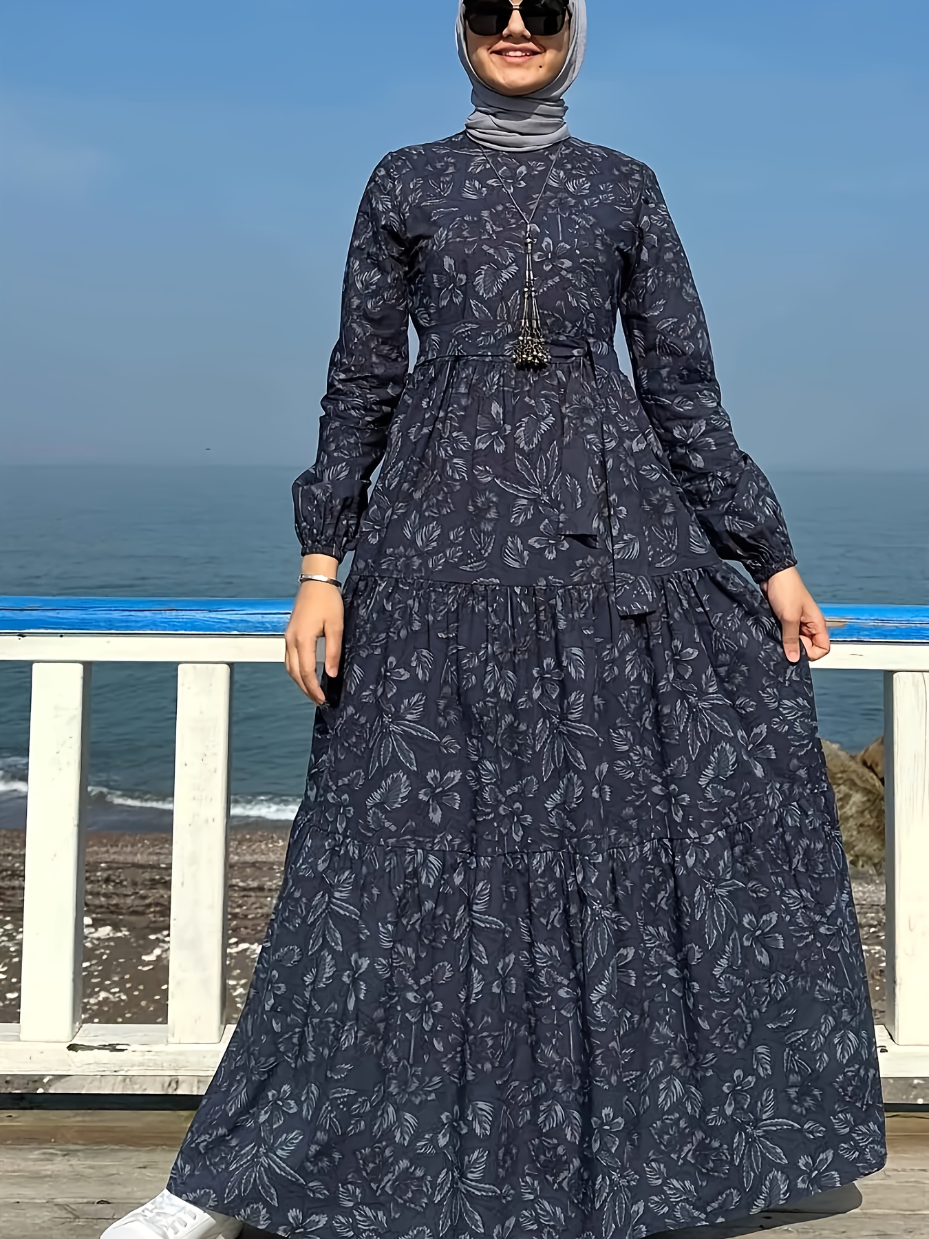 item picture comfortable middle eastern print long dress robe floral pattern long length belted suitable for  