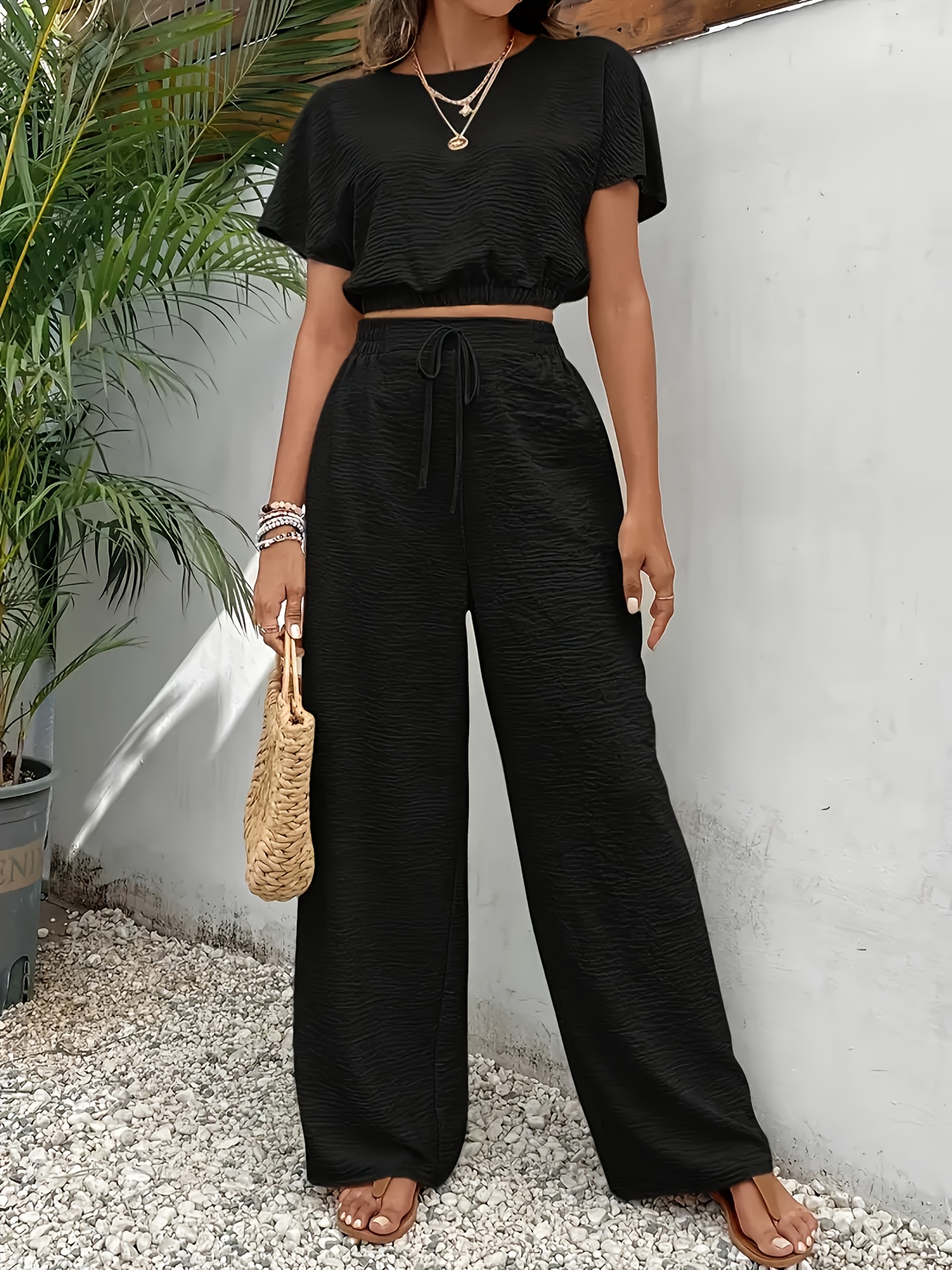 black short sleeve top wide leg pants tie waist detail Temu Pakistan